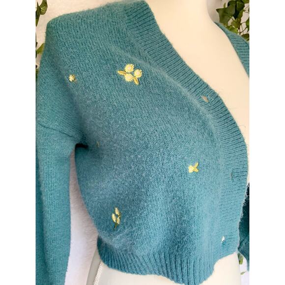 Witty Fox Blue and yellow Floral Button Up Cropped Sweater Cardigan Women’s XS - Picture 4 of 9